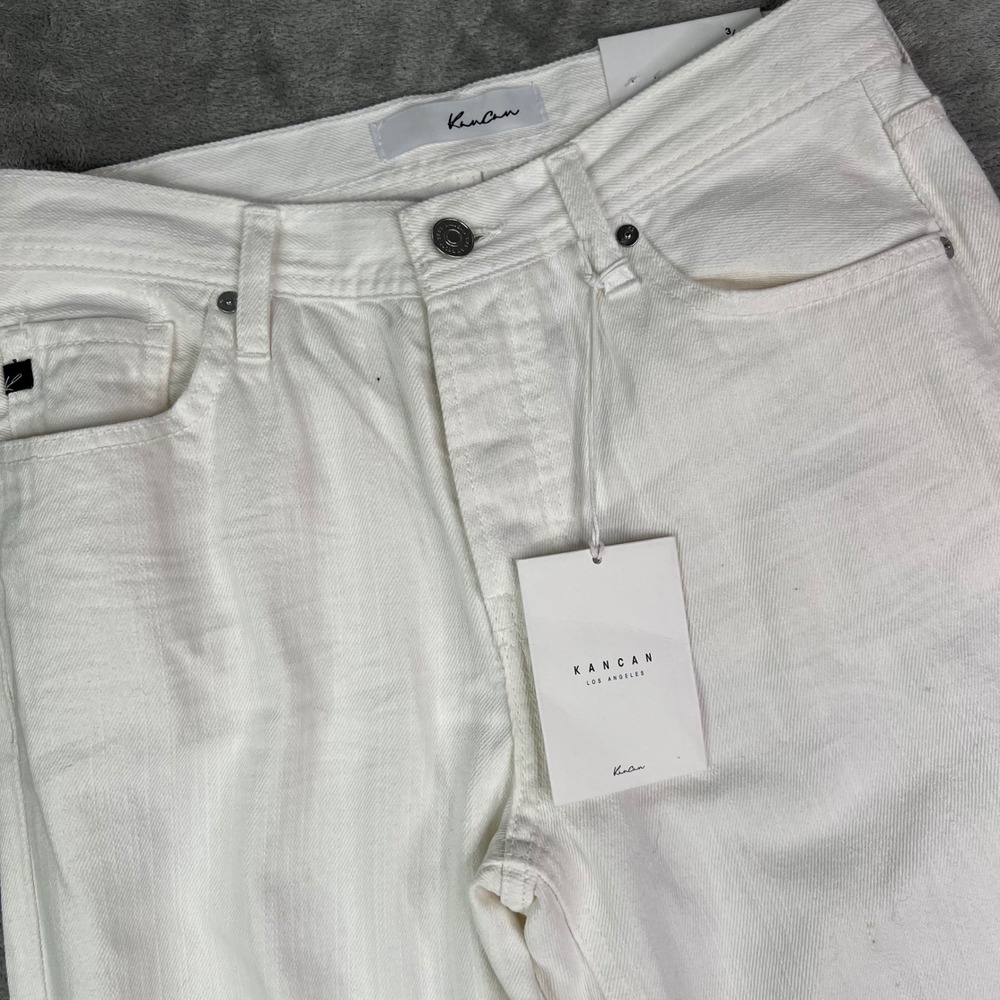 KanCan Straight Fit Jeans Womens 3/25 White Solid Distressed Ripped Knee Raw Hem